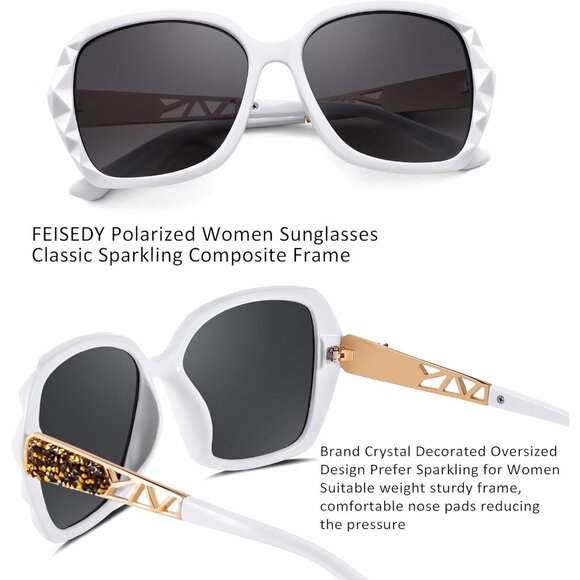 Women's White Crystal Square Sunglasses Sparkling Composite Shiny Frame Design - Picture 4 of 8